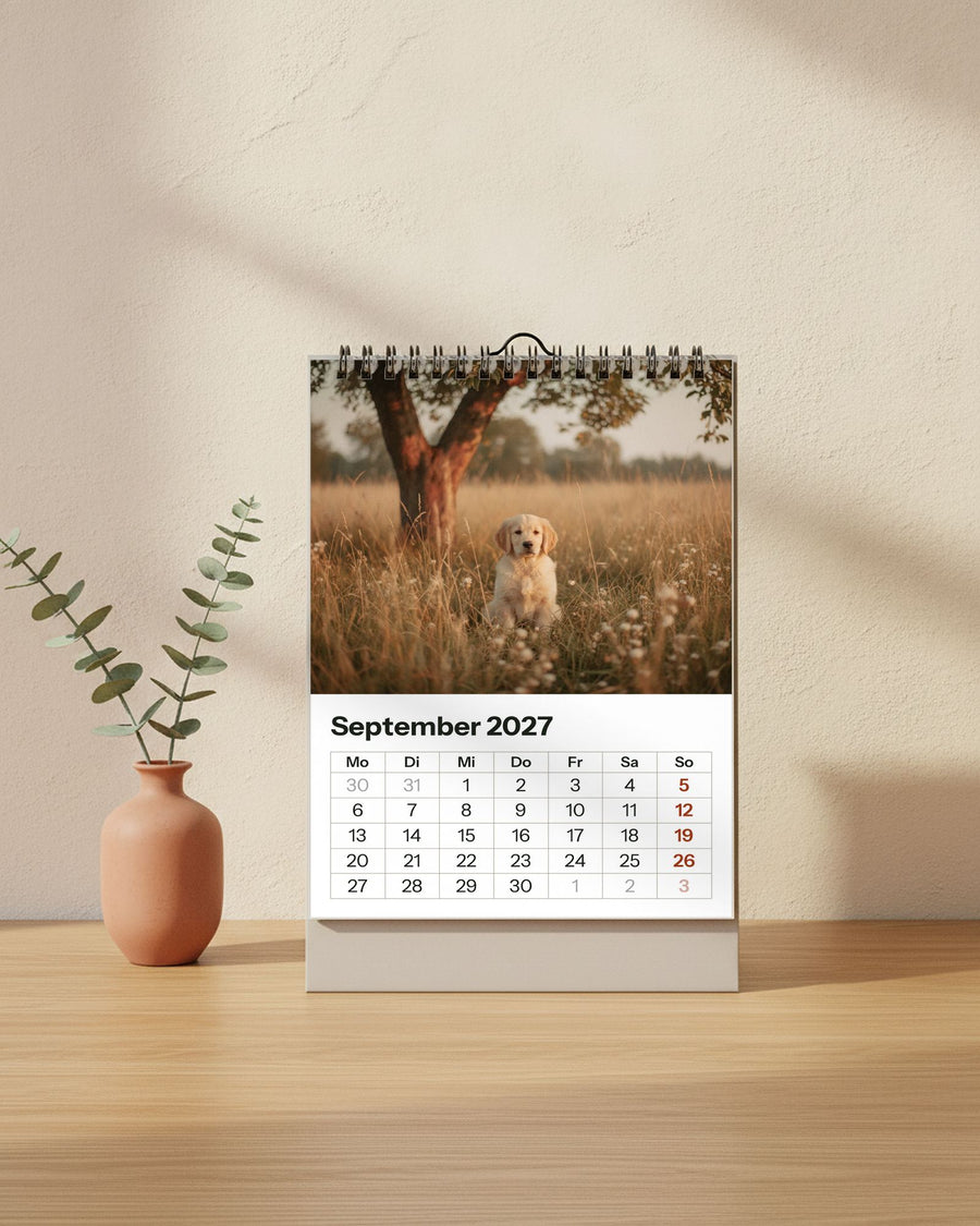 Tischkalender zum Aufstellen auf einem Eichentisch: Welpenfoto oben, September 2027 als Raster unten, Eukalyptus daneben