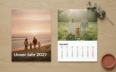 Deine Seiten vor dem Druck: Titelseite „Unser Jahr 2027“ mit Familie am Strand und die Monatsseite Mai 2027 liegen flach auf hellem Holz