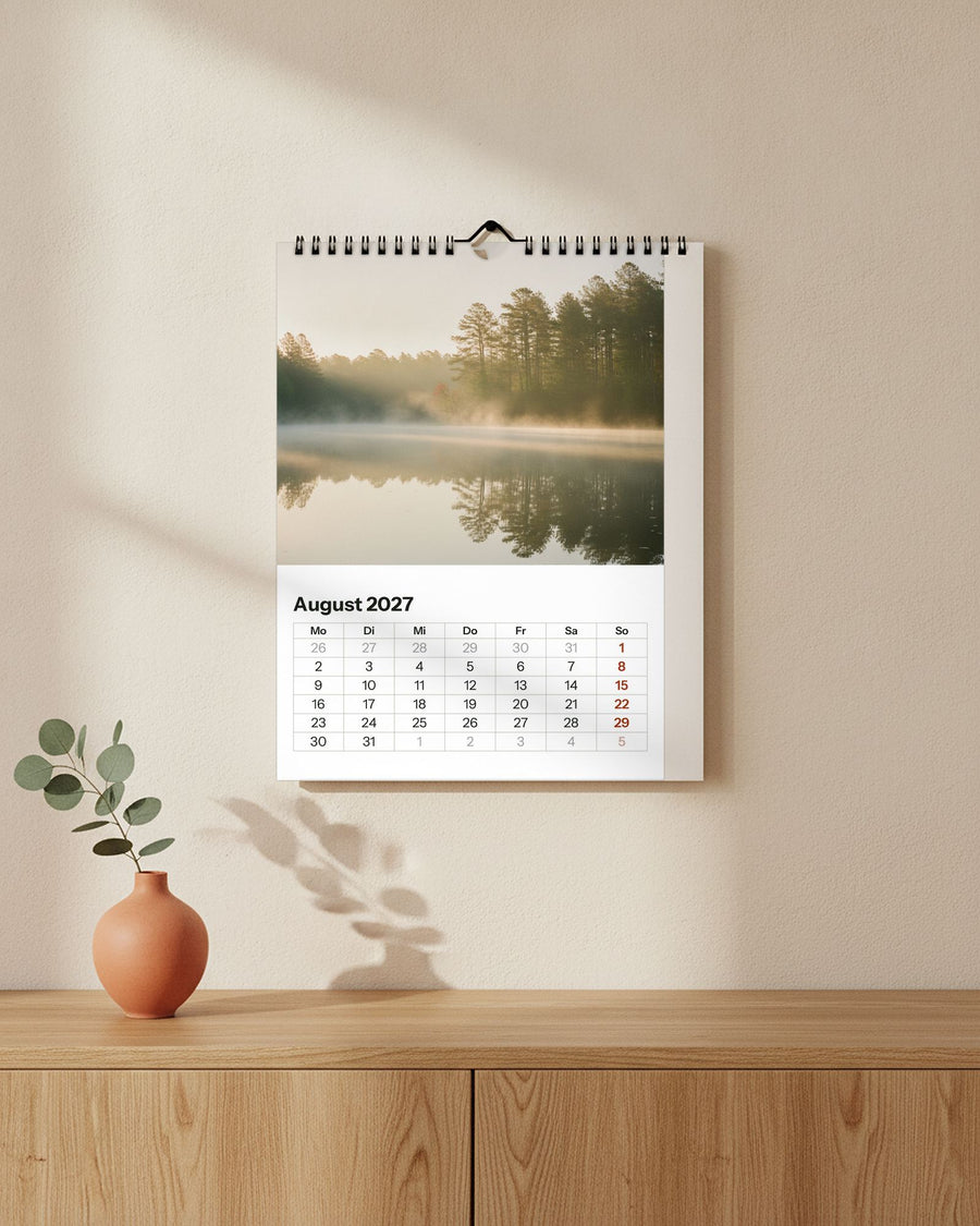 Wandkalender A4 hoch an cremefarbener Wand über einem Sideboard: Seefoto im Morgennebel, darunter das Monatsraster August 2027