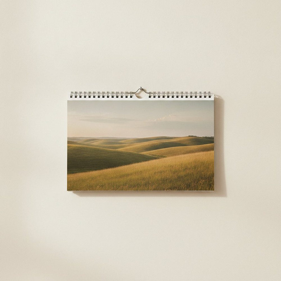 Wandkalender im Querformat A4, Kalenderseite zeigt eine weite Hügellandschaft im Goldlicht