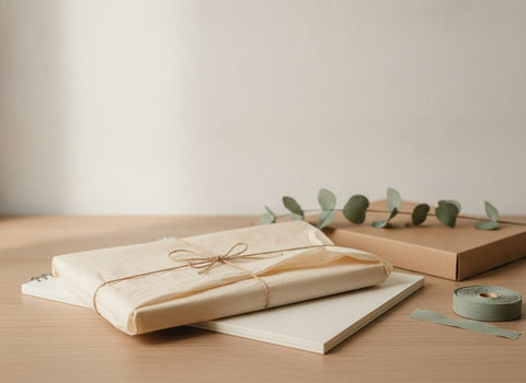 In Seidenpapier verpackter Kalender mit Jute-Schleife, bereit zum Versand