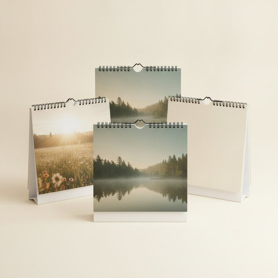 Vier aufgestellte Tischkalender mit Waldsee- und Wiesenmotiven vor cremefarbenem Hintergrund